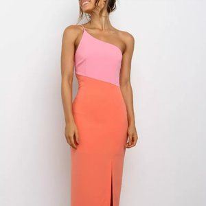 PETAL & PUP ORANGE/PINK ONE SHOULDER MIDI DRESS